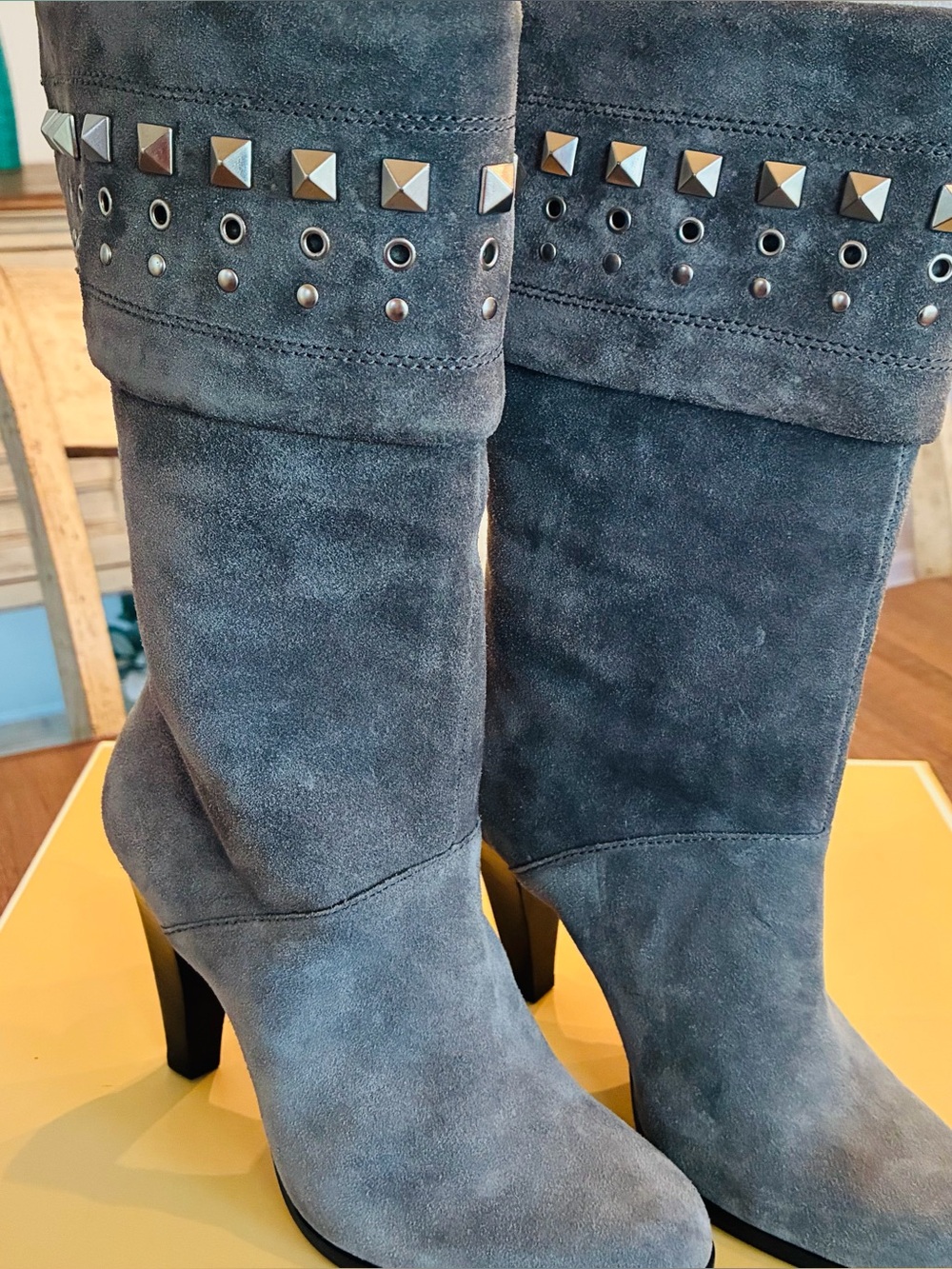 Michael Kors mid calf gray suede silver studded high heeled boots. Size 6 run sm